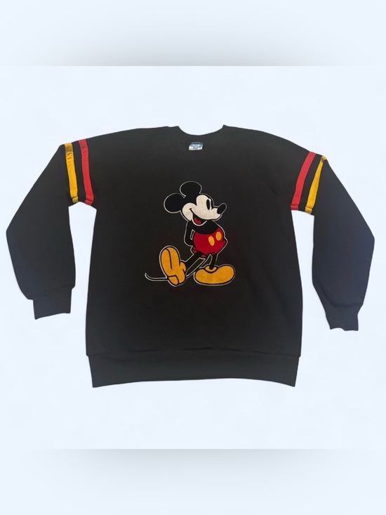 Tops - Vtg 80s Mickey Mouse Disney Crewneck Sweatshirt Black Flocked Graphic Sz M READ